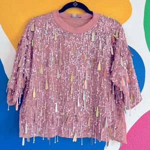 Embellished sequin light pink boxy top